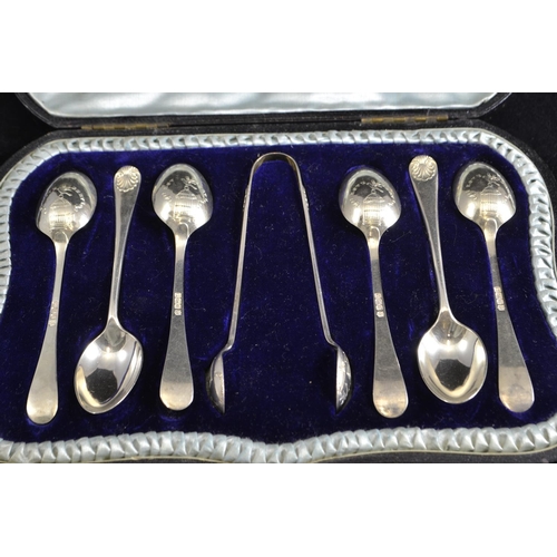 251 - Cased set of six silver teaspoons & pair of sugar nips, maker TB&S, Sheffield 1901-02, inscr... 