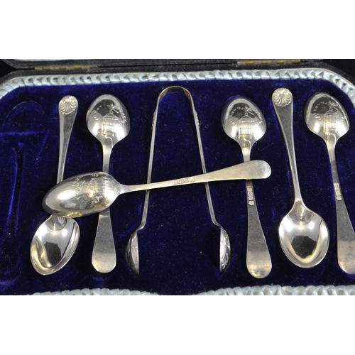 251 - Cased set of six silver teaspoons & pair of sugar nips, maker TB&S, Sheffield 1901-02, inscr... 