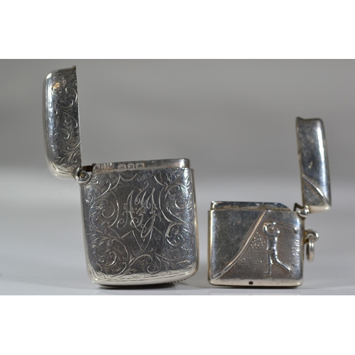 268 - Two silver vesta cases, one initialled maker TH, Birmingham 1896, the other with a figure of a golfe... 