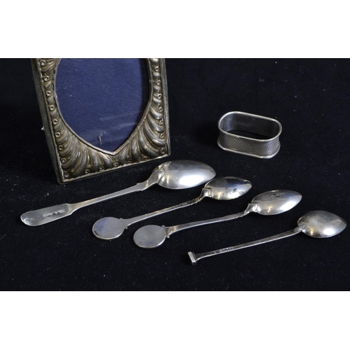 278 - Four tea/coffee spoons & a napkin ring with inscription 'Jane', various maker's, gross weight 74... 