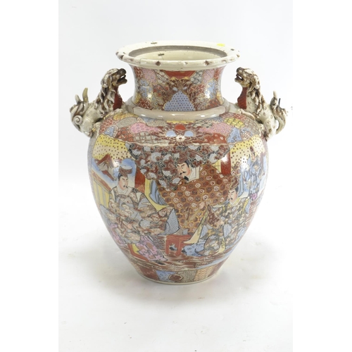 387 - Large staple-repaired Japanese Satsuma vase, with shoulder adorned shishi dragon dogs. H58cm w56cm