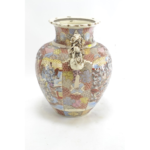 387 - Large staple-repaired Japanese Satsuma vase, with shoulder adorned shishi dragon dogs. H58cm w56cm