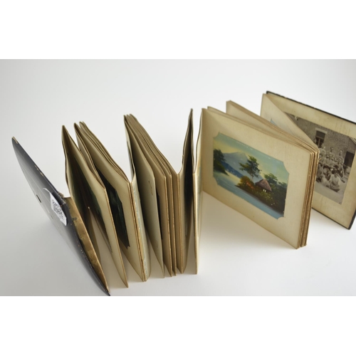 420 - Early C20th Japanese lacquered album containing postcards of Japan, inc. silk printed and hand paint... 