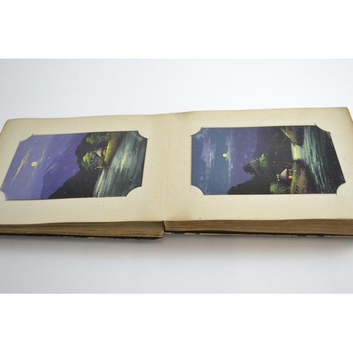 420 - Early C20th Japanese lacquered album containing postcards of Japan, inc. silk printed and hand paint... 