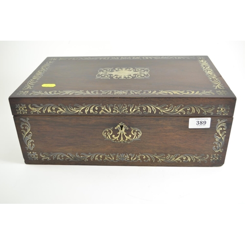 389 - Rosewood writing slope with brass inlay and recessed brass handles. L40cm x D25cm x H15cm