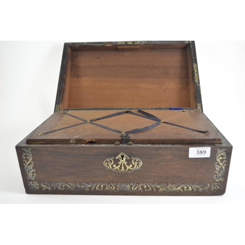 389 - Rosewood writing slope with brass inlay and recessed brass handles. L40cm x D25cm x H15cm