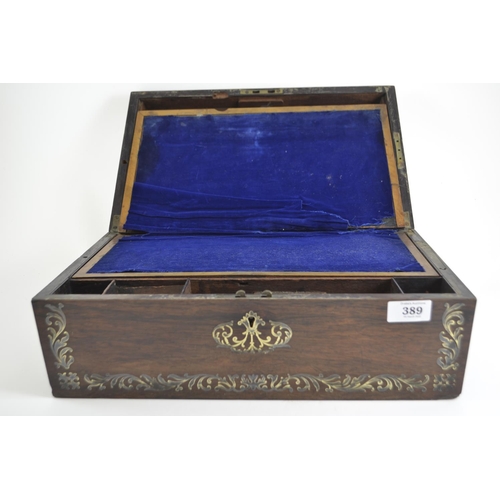 389 - Rosewood writing slope with brass inlay and recessed brass handles. L40cm x D25cm x H15cm