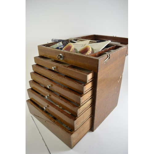 406 - Vintage portable dentistry drawers with lift top lid. With some contents. Width 24cm x 34cm 38cm hig... 