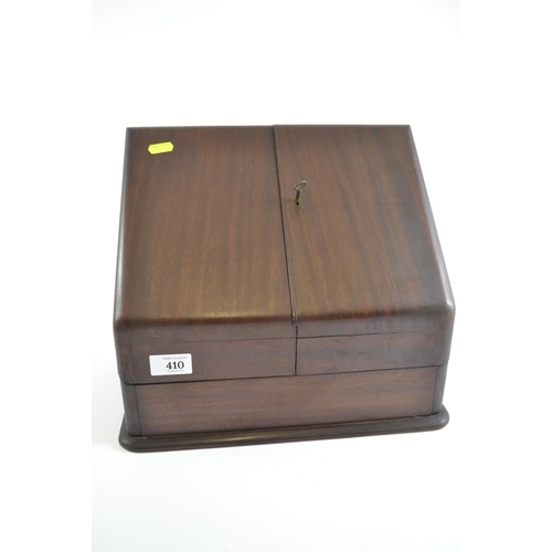 410 - Mahogany desk top stationary box. With key. Depth 22cm x width 35cm x height 30cm.