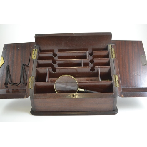 410 - Mahogany desk top stationary box. With key. Depth 22cm x width 35cm x height 30cm.