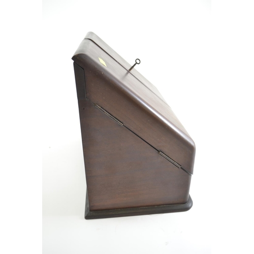 410 - Mahogany desk top stationary box. With key. Depth 22cm x width 35cm x height 30cm.