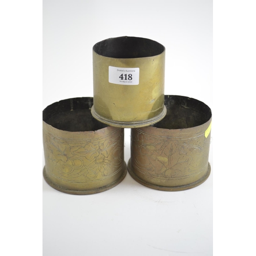 418 - Three trench art WWI pots, diameter of largest. 11cm