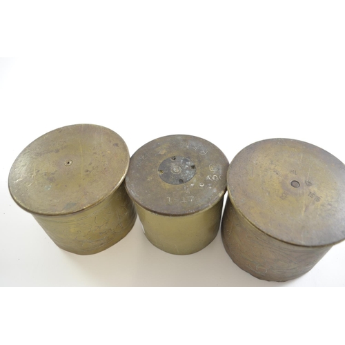 418 - Three trench art WWI pots, diameter of largest. 11cm