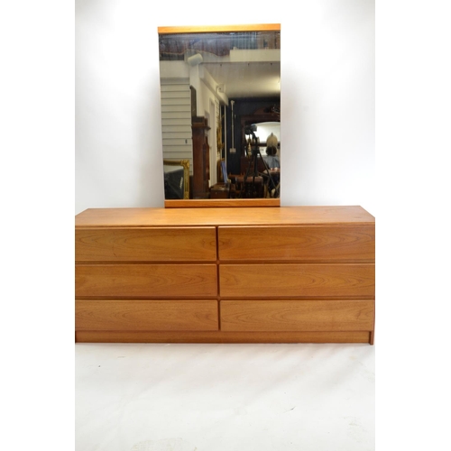 460 - 6 drawer teak lowboy, in the manner of Scan Col, Denmark. Includes possible marriage mirror, marked ... 