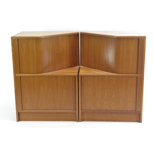 465 - Pair of teak tambour mid century bedsides by Poul Hundevad, Denmark. H85cm w62.5cm d45.5cm