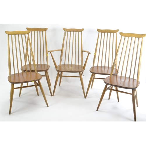 467 - 5 Ercol Goldsmith dining chairs. 4x model 369 1x model 369a. Natural finish, with vintage blue label... 