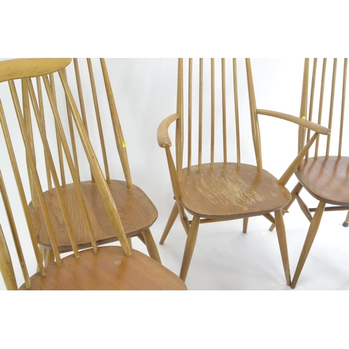 467 - 5 Ercol Goldsmith dining chairs. 4x model 369 1x model 369a. Natural finish, with vintage blue label... 