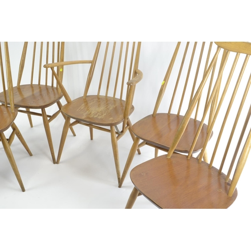 467 - 5 Ercol Goldsmith dining chairs. 4x model 369 1x model 369a. Natural finish, with vintage blue label... 