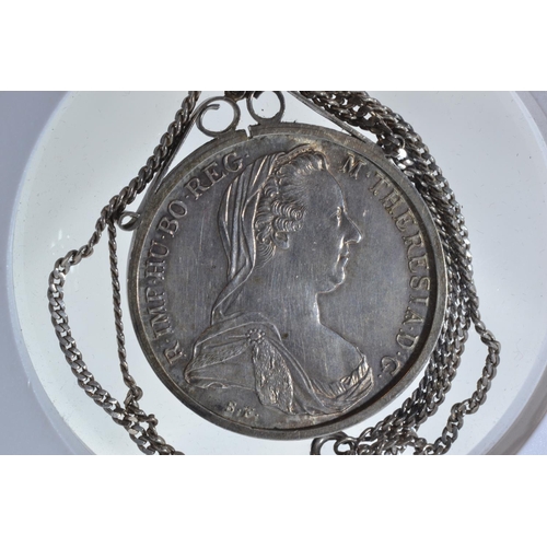 283 - Maria Theresa silver thaler, 1780, in white metal mount with unmarked chain & Indian rupees, gro... 