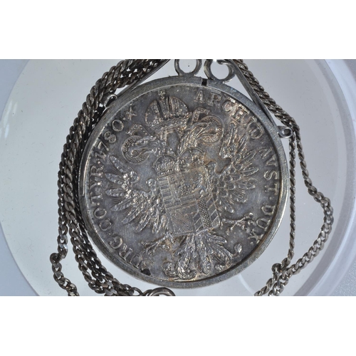 283 - Maria Theresa silver thaler, 1780, in white metal mount with unmarked chain & Indian rupees, gro... 