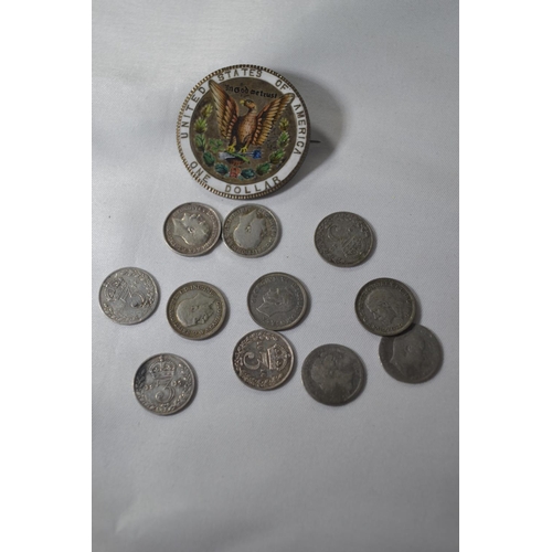 288 - Enamelled silver dollar set as a pendant/brooch & pre-1947 threepences