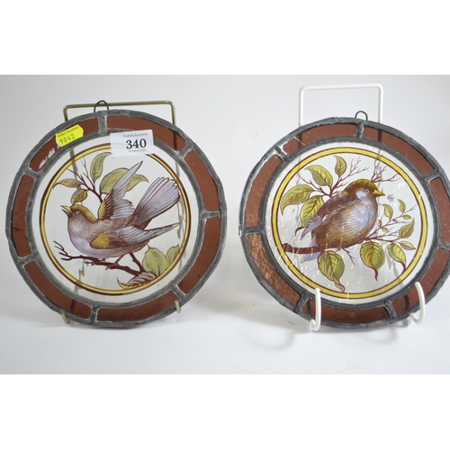 340 - Pair of Victorian circular lead, stained & painted glass roundels, each depicting a bird, diamet... 