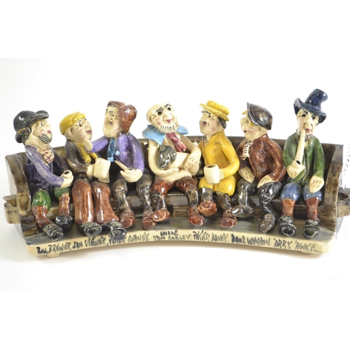 356 - Runnaford Pottery Will Young seven bench figural group, titled 'Bill Brewer, Jan Stewer, Peter Gurne... 