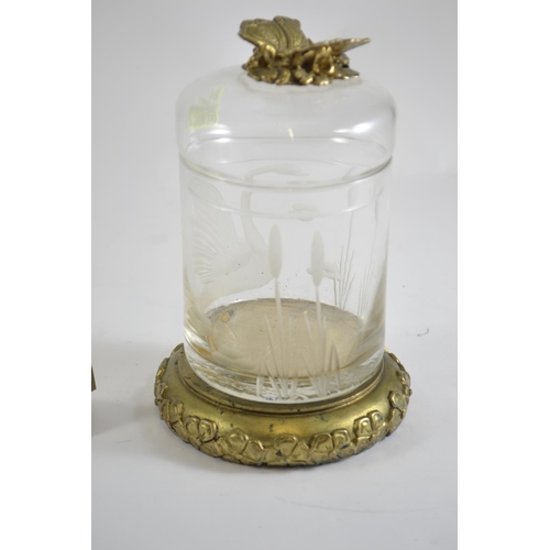 360 - Etched glass butterfly jar with gilt painted base & butterfly finial, 18cm high