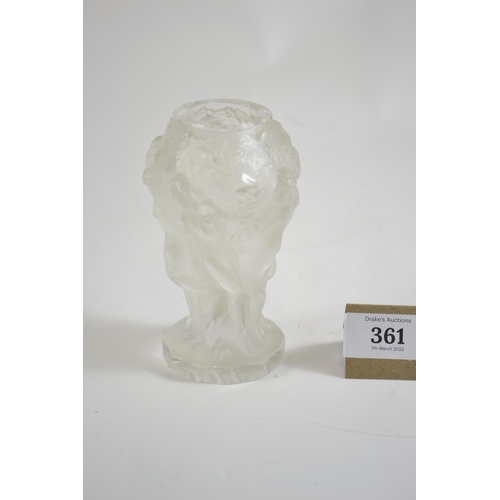 361 - Czechoslovakian Lalique style frosted glass vase, moulded with nude ladies, 12.5cm high