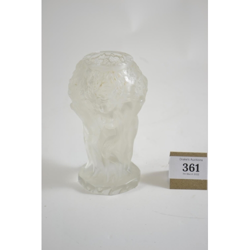 361 - Czechoslovakian Lalique style frosted glass vase, moulded with nude ladies, 12.5cm high