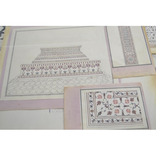 374 - C1800s  Indian, company style pen and ink artworks. Comprising of architectural paintings of the Taj... 