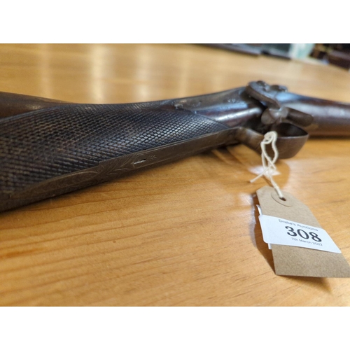 308 - Antique flintlock rifle, overall length 120cm, losses