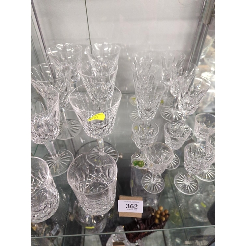 362 - Part suite of Waterford crystal, comprising six wine glasses, six sherry glasses, six liquor (one sl... 