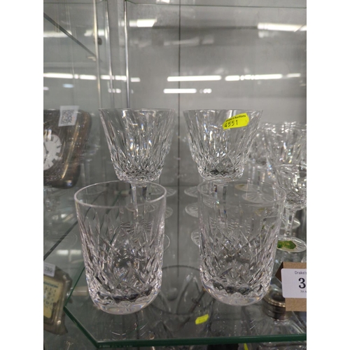 362 - Part suite of Waterford crystal, comprising six wine glasses, six sherry glasses, six liquor (one sl... 