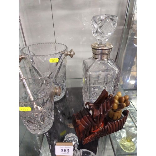 363 - Two cut glass ice buckets, cut glass decanter with plated collar, two ice tongs & a novelty carv... 