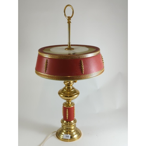 388 - Vintage red & brass table lamp, overall height 70cm