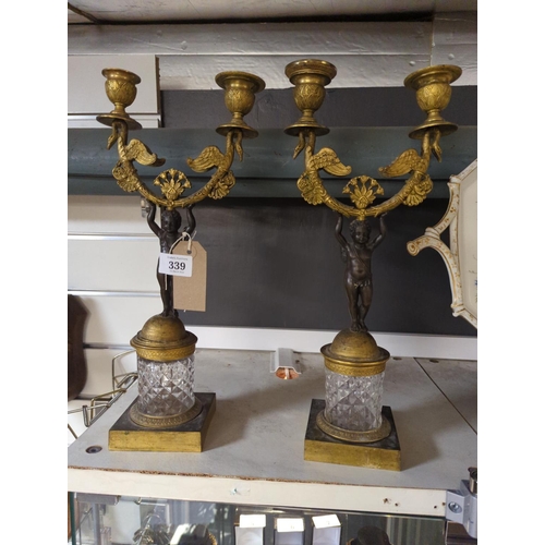 339 - Pair of Empire style gilt metal, patinated bronze & glass two branch candelabras, the support mo... 