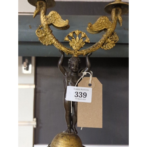 339 - Pair of Empire style gilt metal, patinated bronze & glass two branch candelabras, the support mo... 