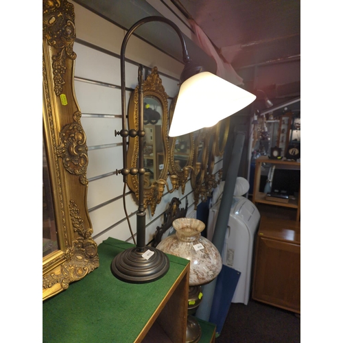 403 - Adjustable height table lamp with frosted  glass shade. Maz height 63cm