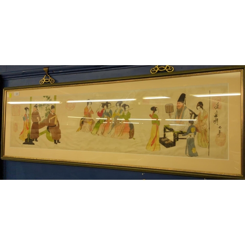 667 - Geisha band playing for master, on paper with 5 red seal marks 121 x 43cm