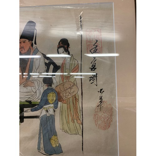 668 - Chinese hand coloured artwork on paper, depicting scholars. Signed & various red seal marks. 72c... 