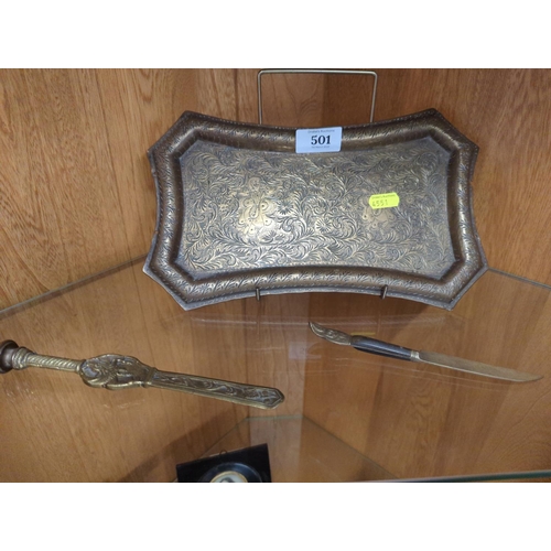 402 - Brass dragon embellished letter opener, Eastern tray & decorative knife