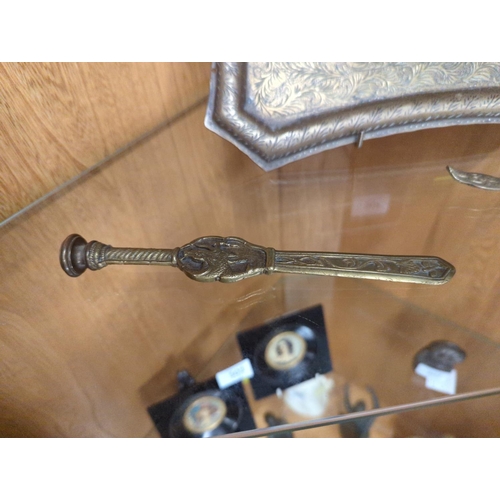 402 - Brass dragon embellished letter opener, Eastern tray & decorative knife