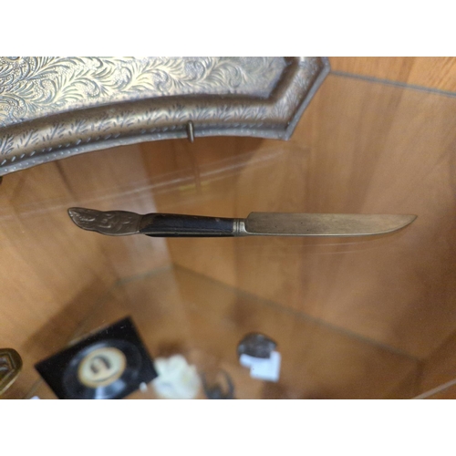 402 - Brass dragon embellished letter opener, Eastern tray & decorative knife