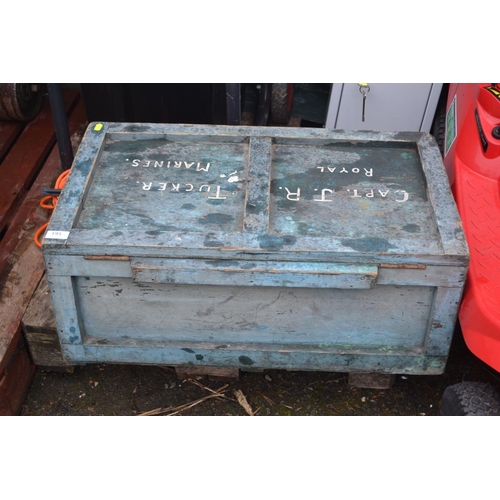 195 - Wooden travel/storage trunk. Marked Cpt JR Tucker, Royal Marines.