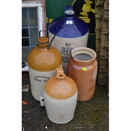 201 - 3 stoneware flagons & stoneware jar. 2 marked Plymouth, 1 marked Devon cider. Heights respective... 