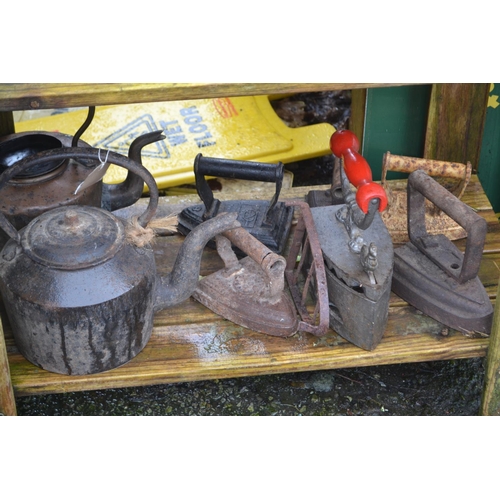 206 - Metalware items inc. Flat irons, kettles etc