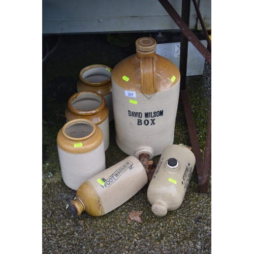 207 - Selection of stoneware items inc. jars, flagons & hot water bottles