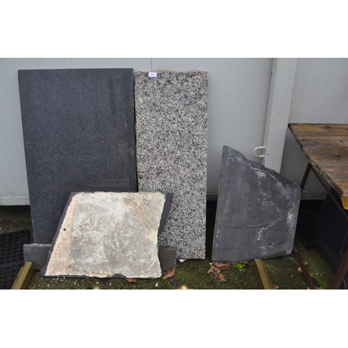 214 - Various offcuts, slate, granite etc. Granite piece perfect for Singer treadle base Largest H105cm... 