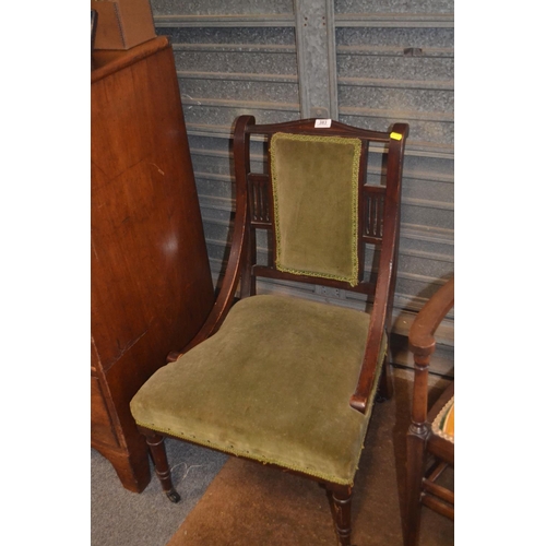 383 - Mahogany upholstered bedroom chair on castors